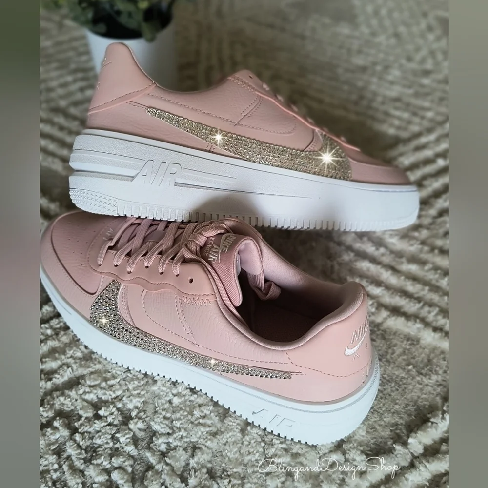 Womens Pink Nike Air Force 1 Platform Sneakers Shoes made with Crystals